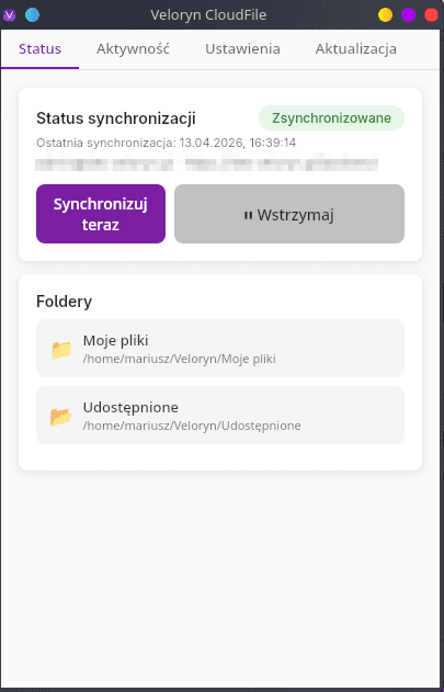 Aplikacja desktopowa Veloryn CloudFile — status synchronizacji i foldery Moje pliki / Udostępnione