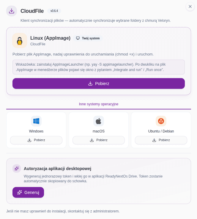 Strona pobierania aplikacji Veloryn CloudFile — Linux, Windows, macOS
