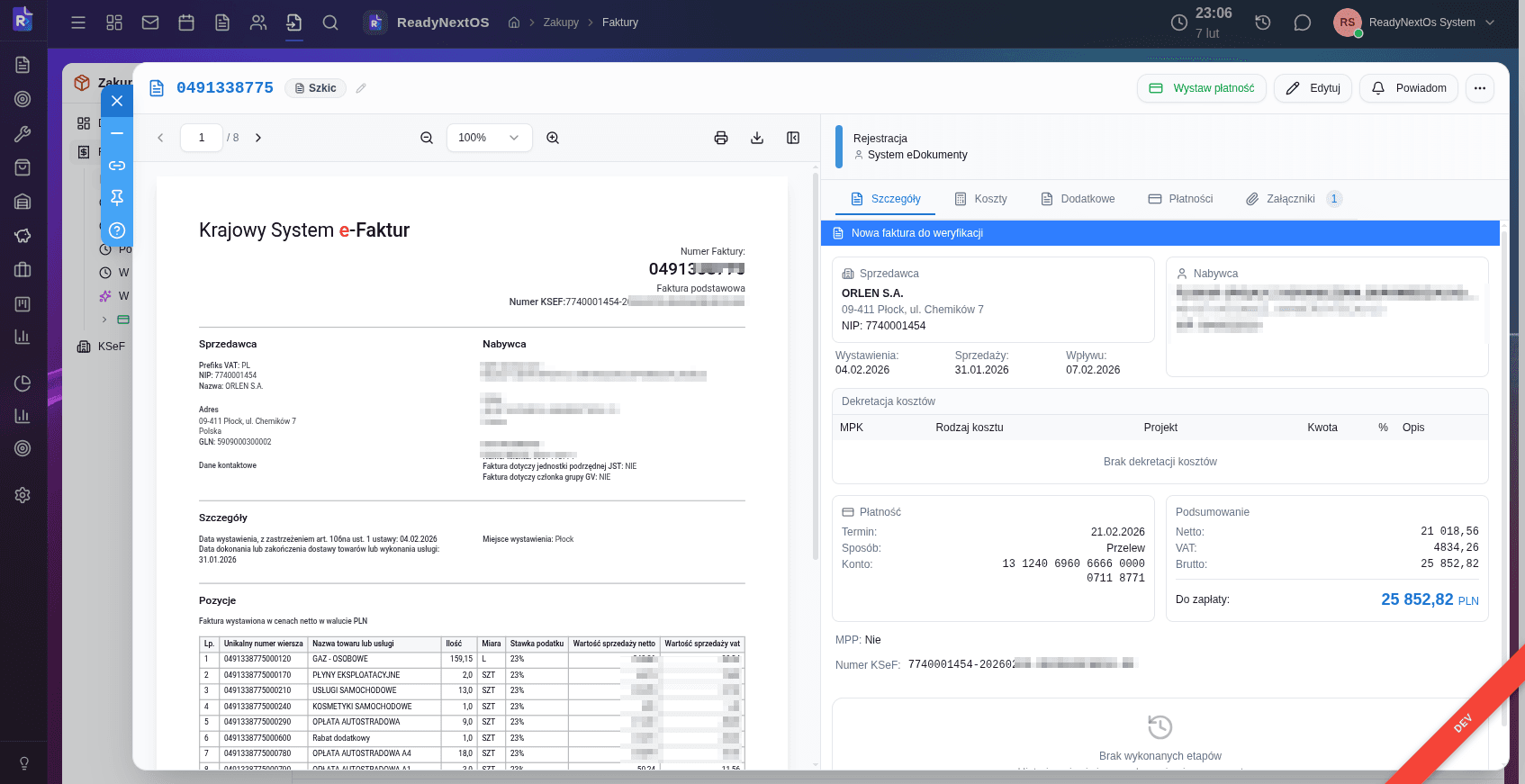 Faktura zakupu KSeF — podgląd PDF z panelem akceptacji i dekretacji
