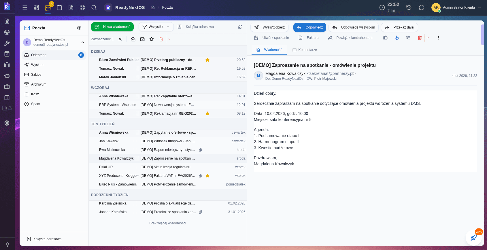 Skrzynka pocztowa — lista wiadomości z podglądem i folderami