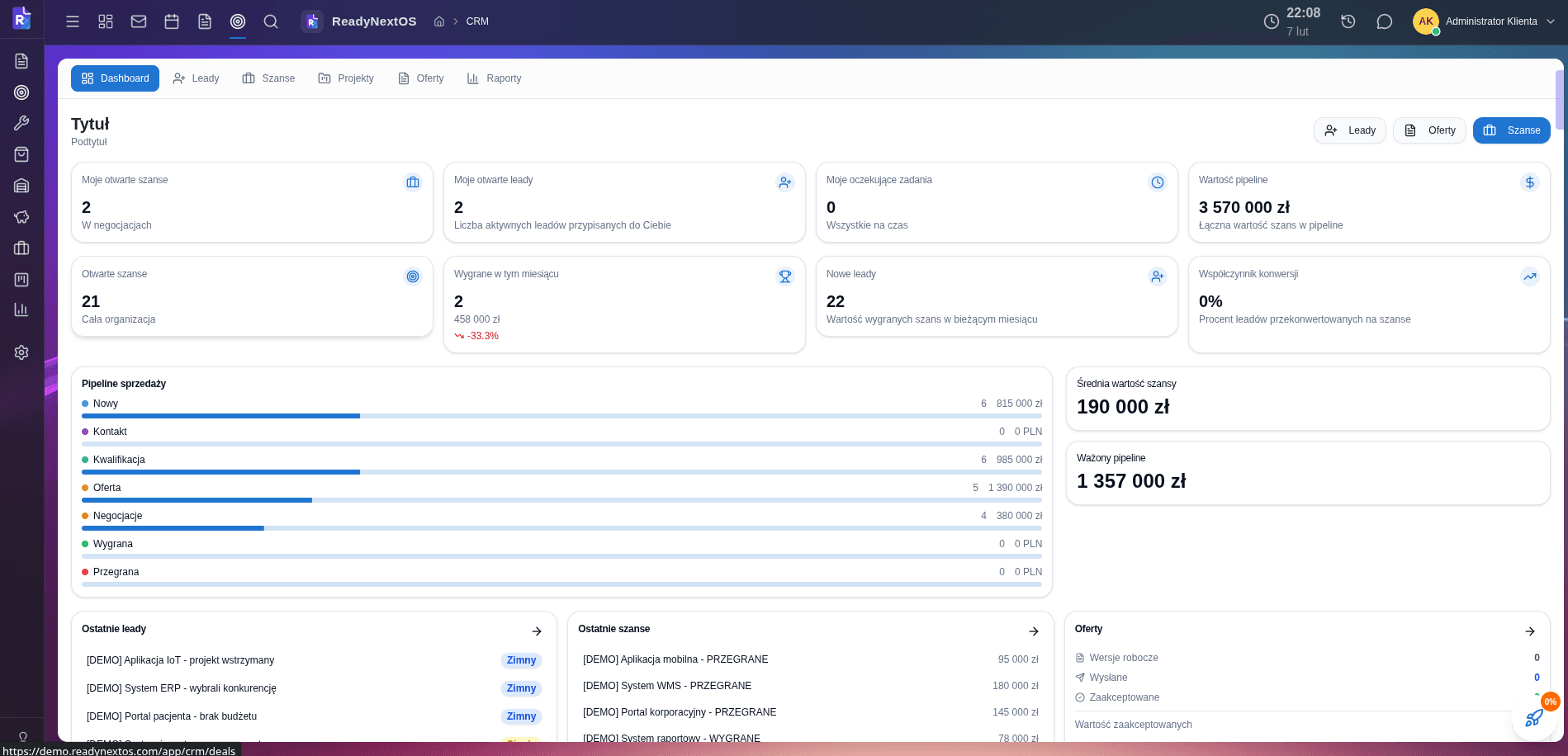 Dashboard CRM — pipeline sprzedaży, statystyki i wartość szans