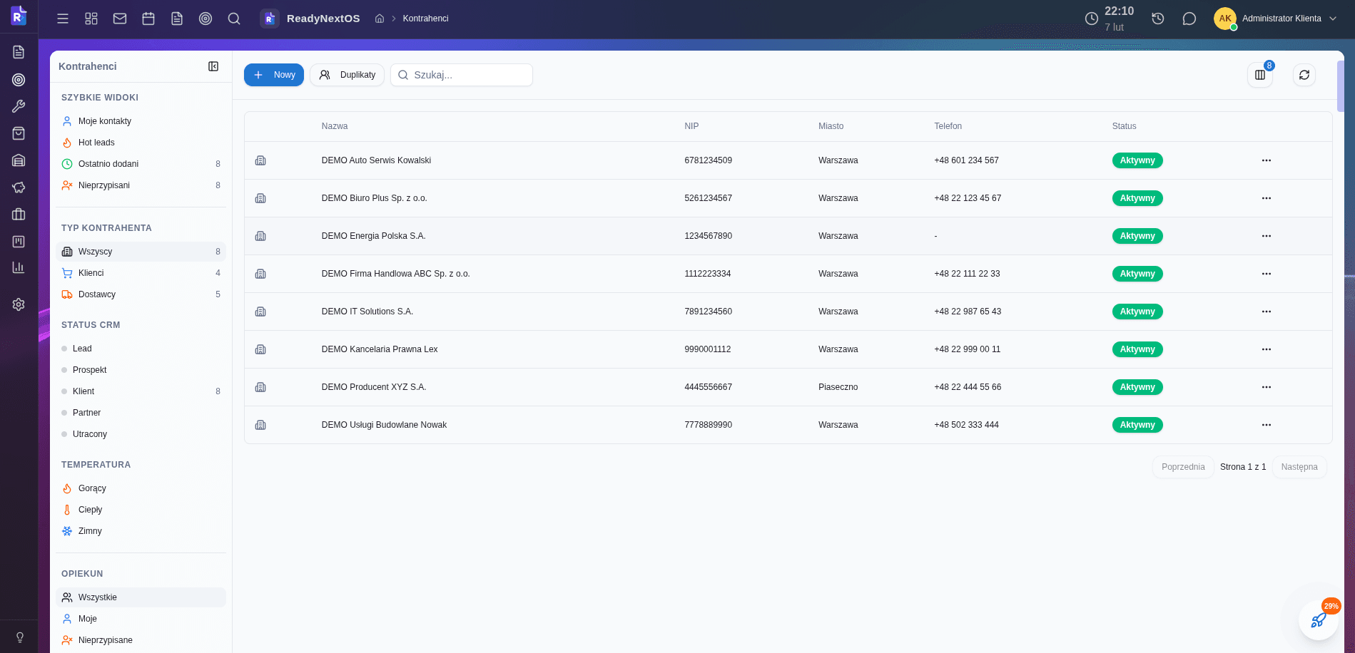 Lista kontrahentów — filtrowanie po typie, statusie CRM i opiekunie