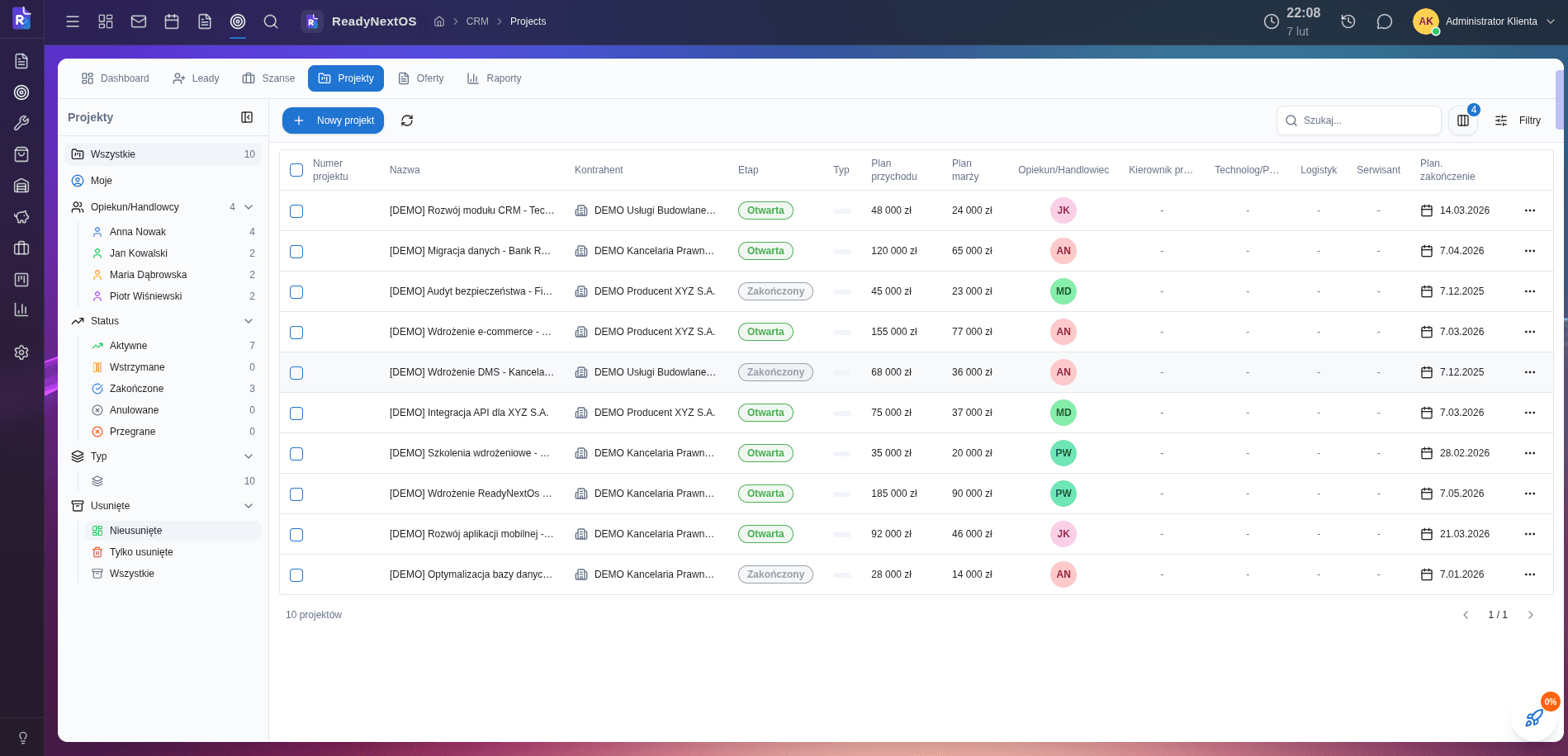 Lista projektów CRM — kontrahenci, statusy i wartości