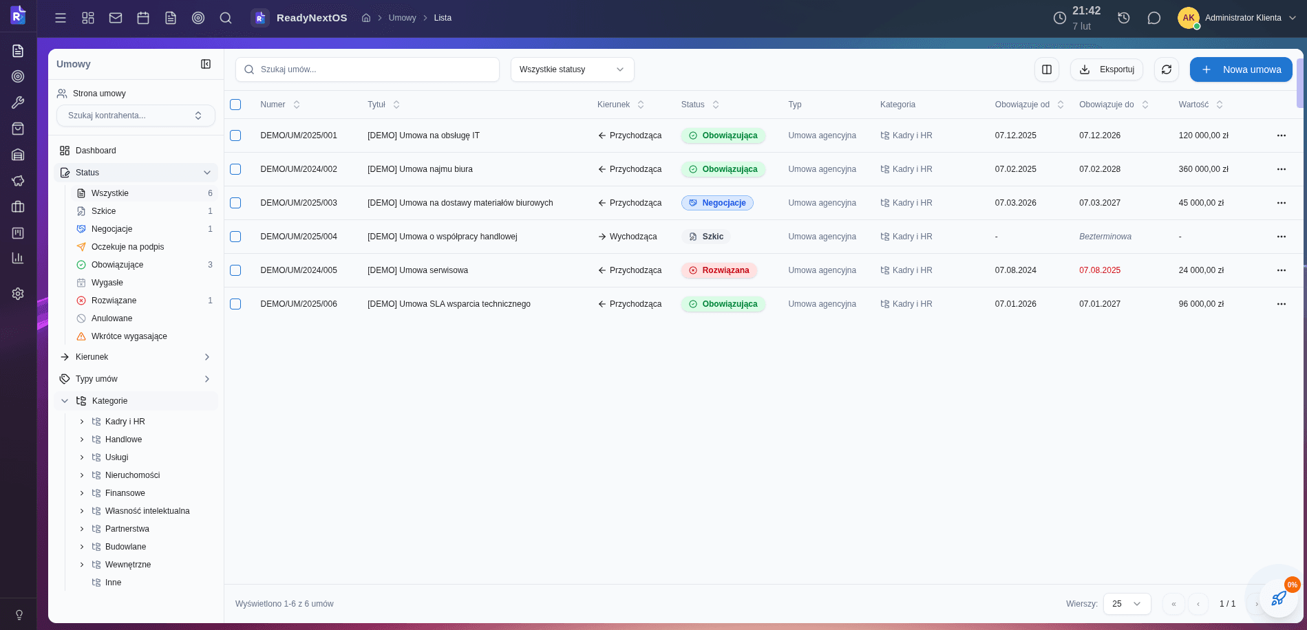 Lista umów — widok tabelaryczny z filtrami