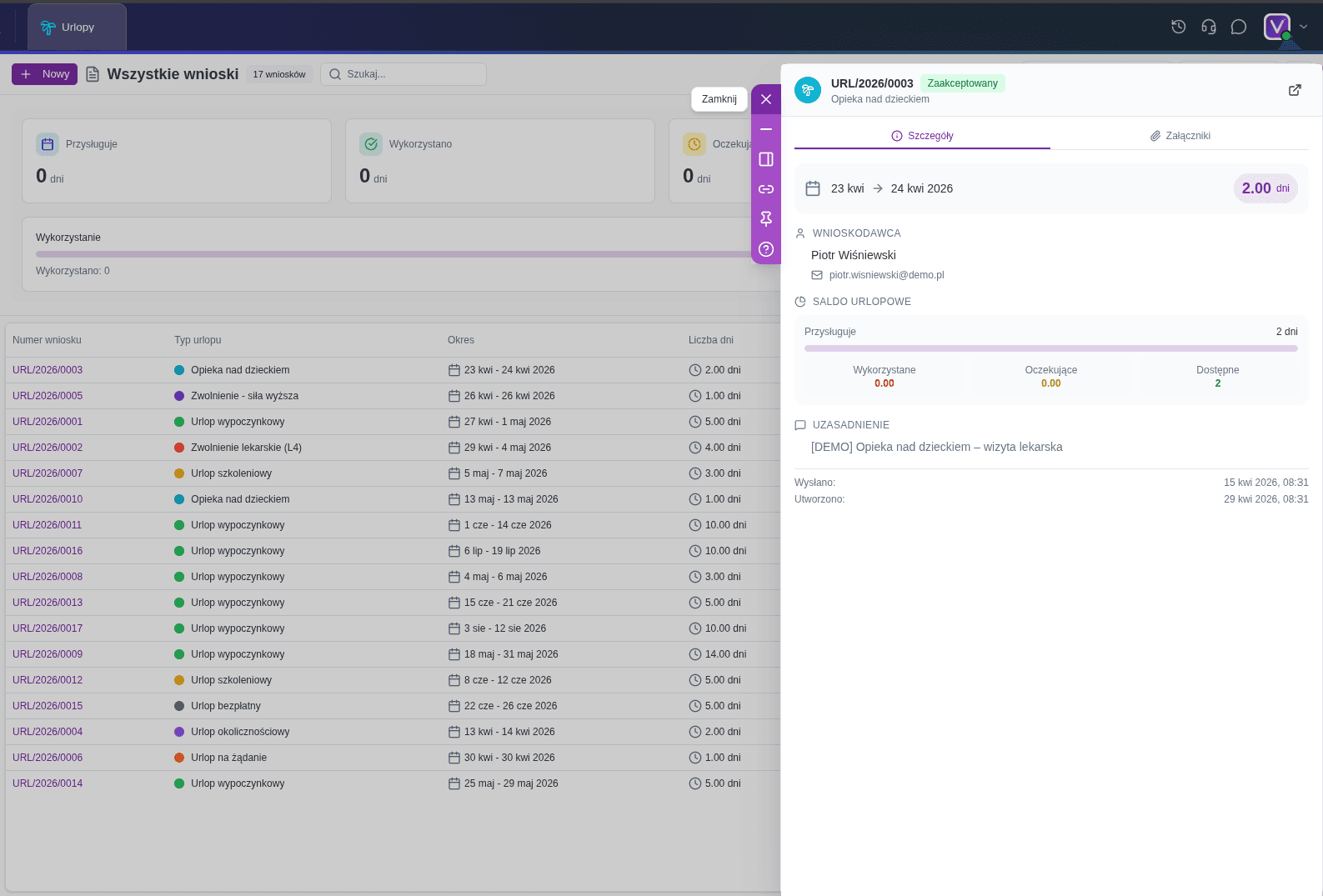 Lista wniosków urlopowych z panelem szczegółów — statusy, akceptacje i salda