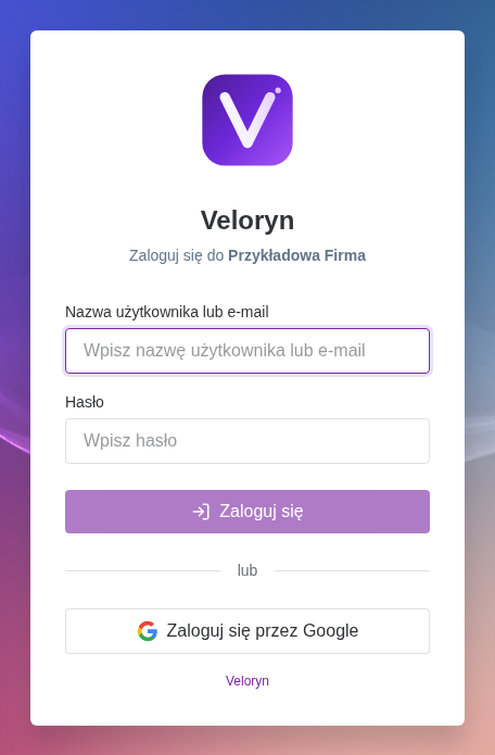 Ekran logowania Veloryna z przyciskiem Zaloguj się przez Google