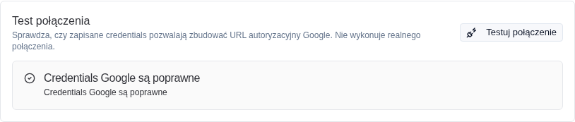 Wynik testu połączenia z Google