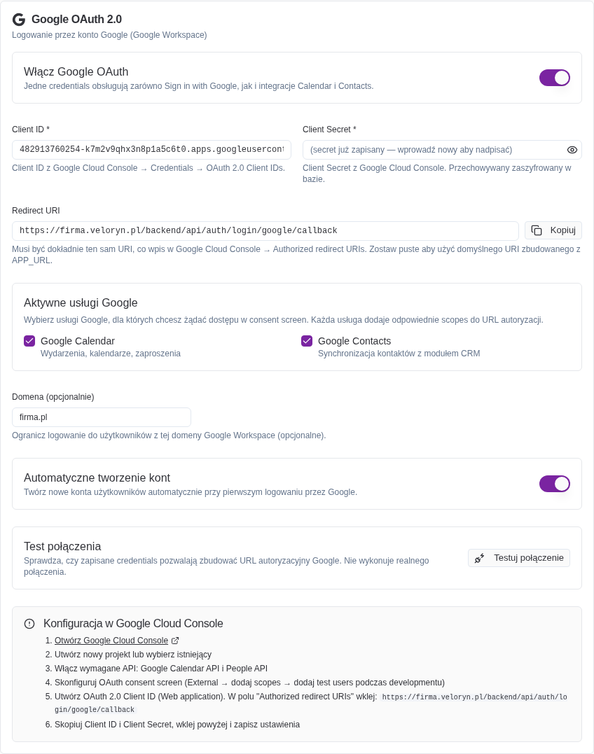 Zakładka Google w ustawieniach uwierzytelniania Veloryna
