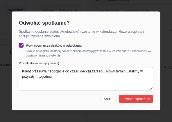 Okno potwierdzenia odwołania spotkania z zaznaczonym powiadomieniem i wpisanym powodem