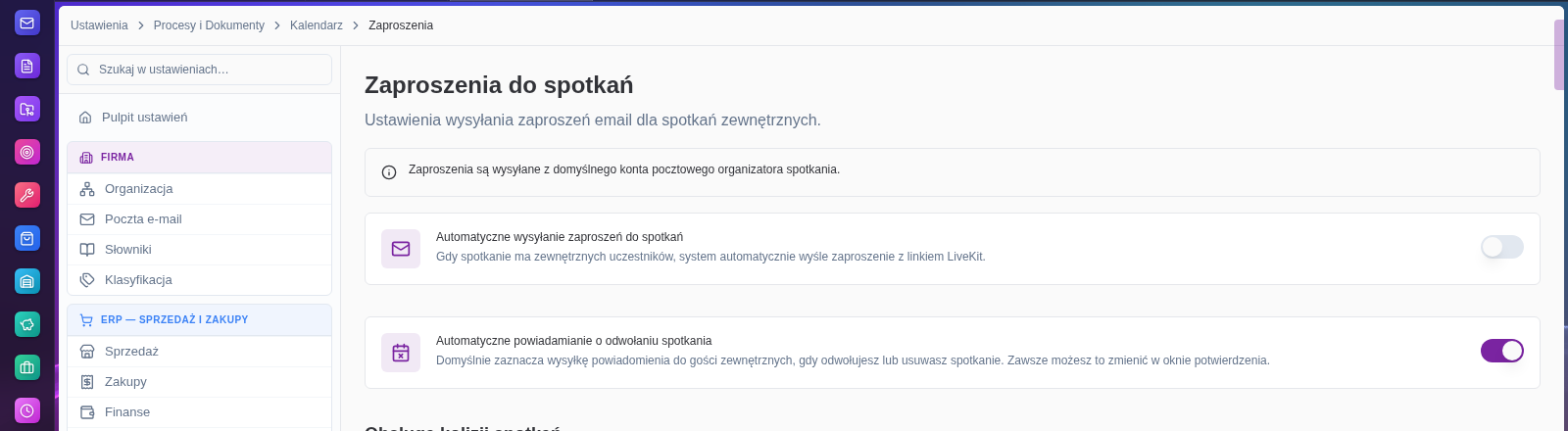 Ustawienia kalendarza z przełącznikiem automatycznego powiadamiania o odwołaniu spotkania