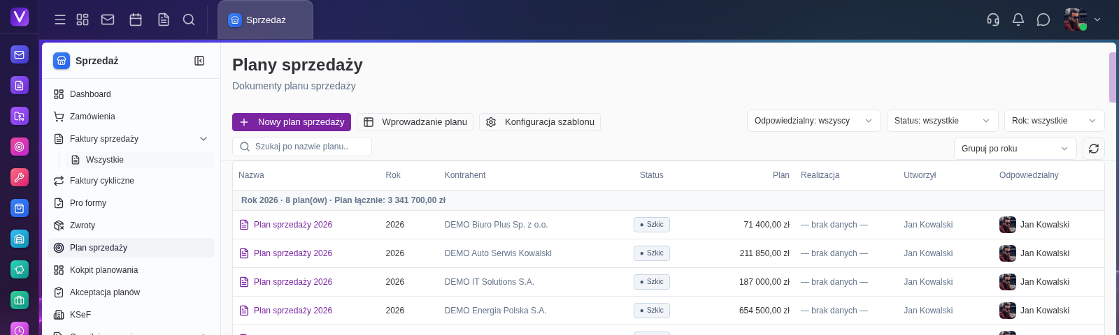 Lista planów sprzedaży z przyciskami Nowy plan sprzedaży, Wprowadzanie planu i Konfiguracja szablonu