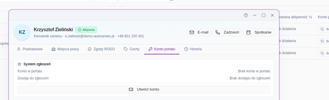 Zakładka Konto portalu w oknie osoby kontaktowej z kartą System zgłoszeń i przyciskiem Utwórz konto